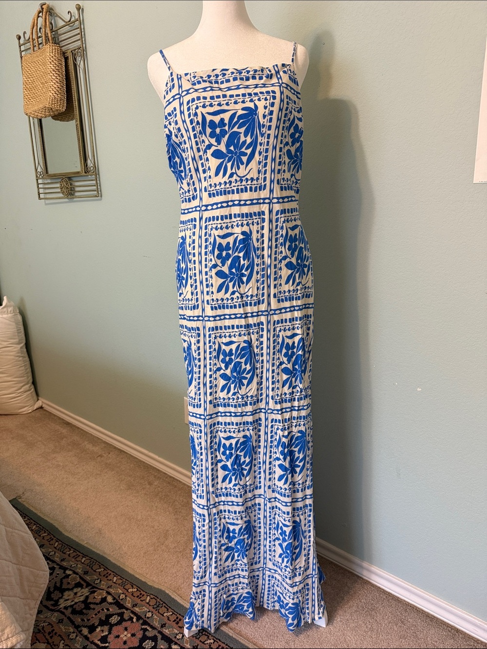 Blue & White Floral Maxi Slip Dress with Spaghetti Straps